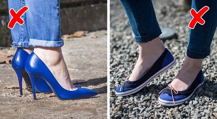 topuklu giyen kadın ve düz tabanlı ayakkabı giyen kadın