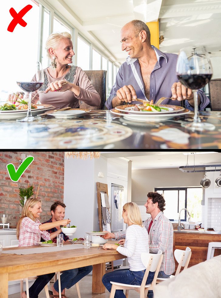 dışarda yiyen çiftler ve evde yiyen insanlar