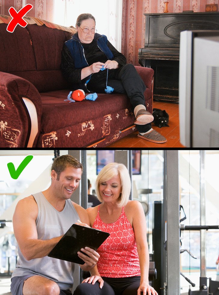 örgü ören kadın ve spor salonuna giden kadın